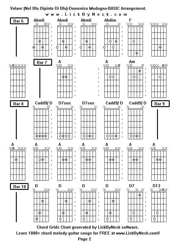 Chord Grids Chart of chord melody fingerstyle guitar song-Volare (Nel Blu Dipinto Di Blu)-Domenico Modugno-BASIC Arrangement,generated by LickByNeck software.